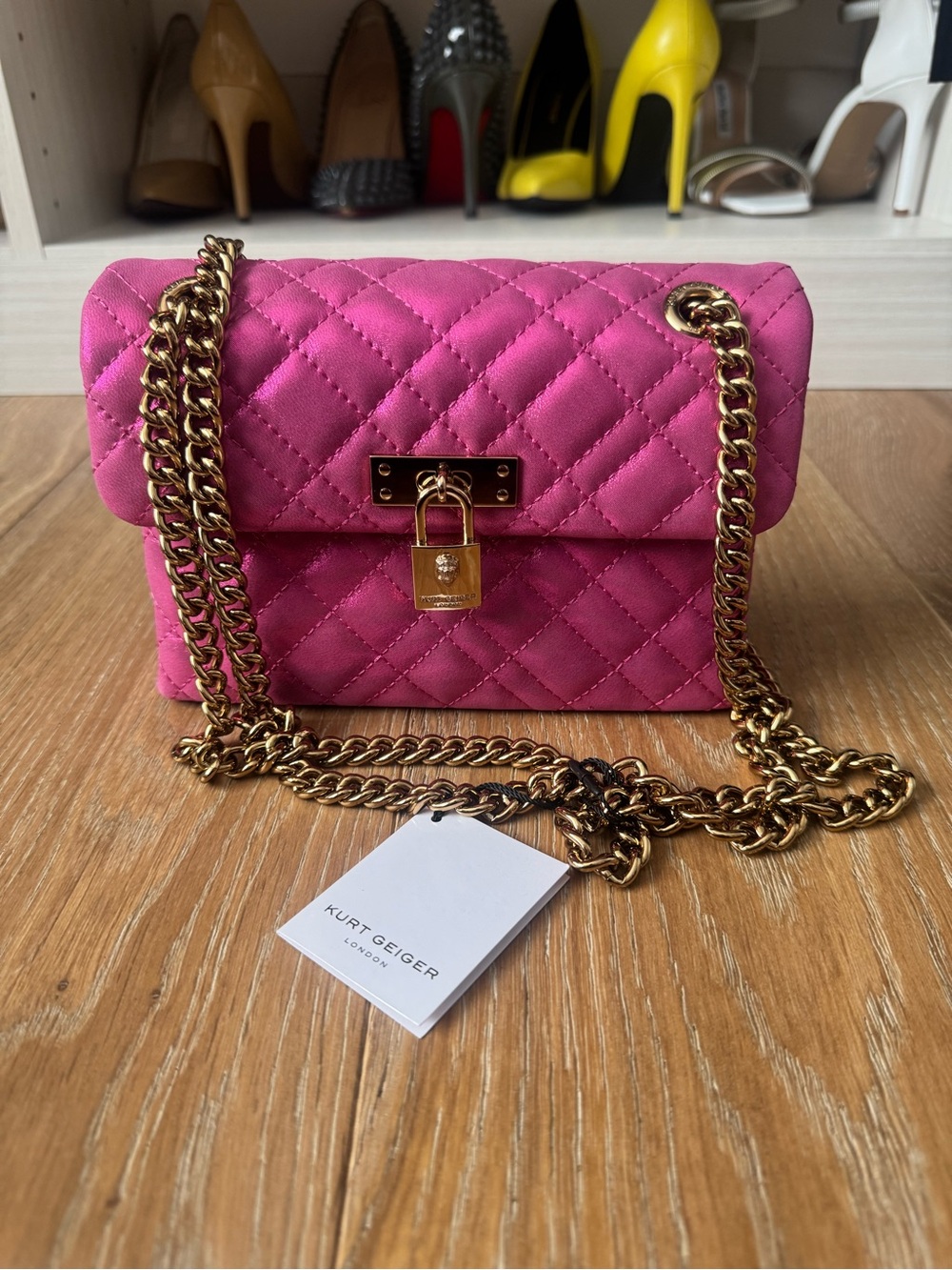 Kurt Geiger Pink Quilted Chain Shoulder Bag with Gold Lock